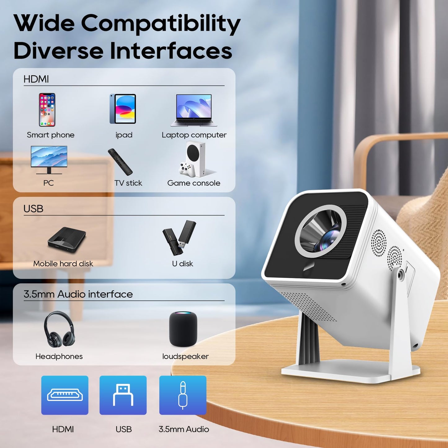 Mini Room Projector, Projector for Bedroom(Built-in Speaker, With HDMI Cable), 200-inch Large Screen, Ntive 1080P Projector, Compatible With 4K
