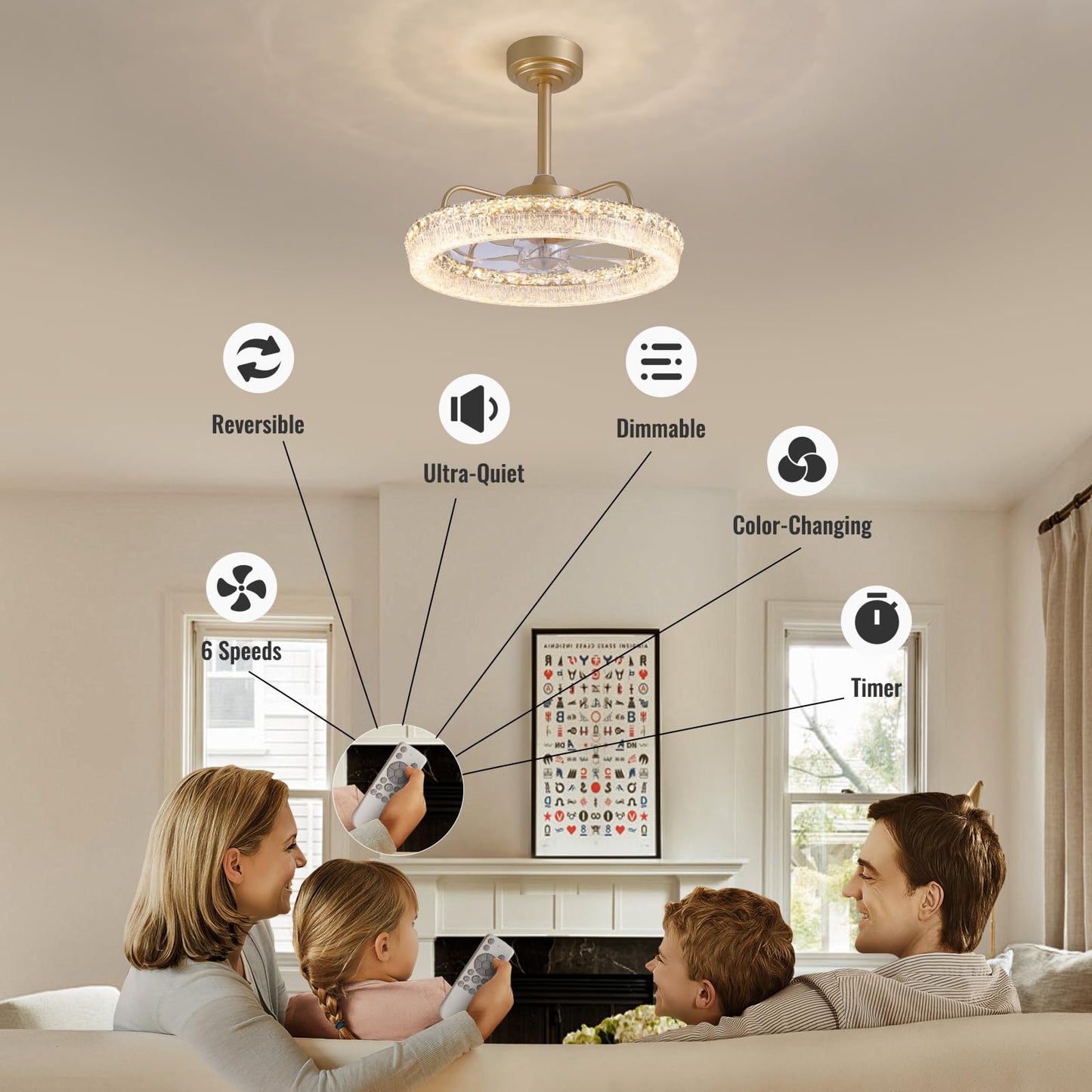 CROSSIO 20'' Ceiling Fan with Lights and Remote, 3000-6000K Dimmable Low Profile Crystal Ceiling Fan, 6 Wind Speeds Modern Flush Mount LED Fandelier