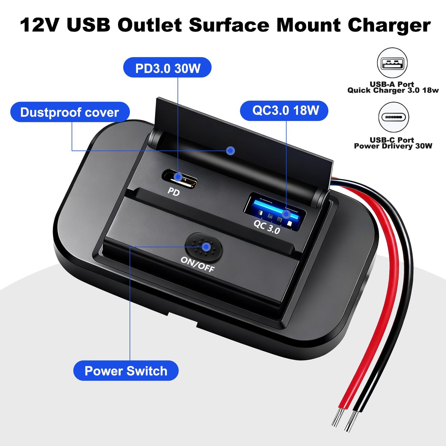 DAESENN 12V Flush Mount USB Charger with Power Switch, Multi-Port Car Charger for RV, Boat, Car, Bus, ATV, Motorcycle - Panel Mount Charging