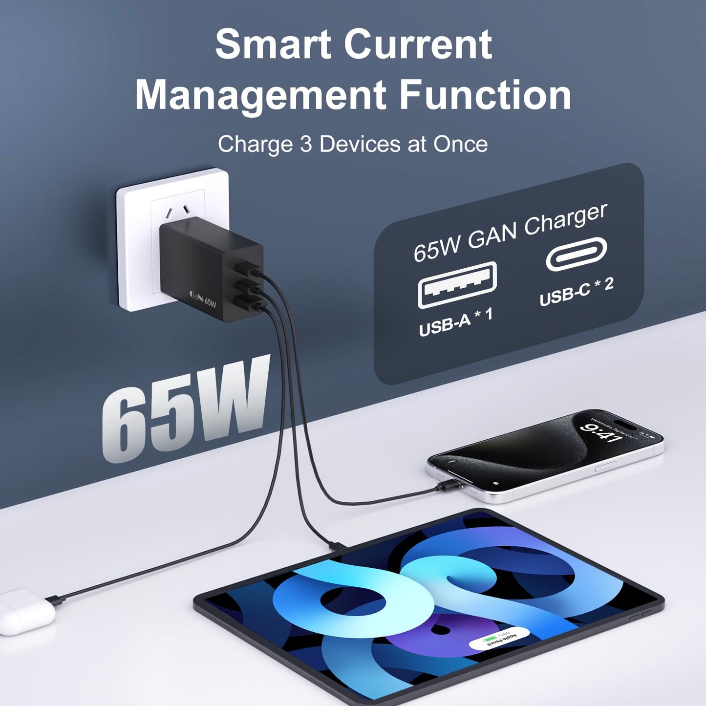 Samsung 65W 3-Port Super Fast Charging Wall Charger, GaN Adapter for Samsung Galaxy S26 Ultra/S26/S26+/S25 Ultra/S25/S25+/S24 Ultra/S24/S24+/S23