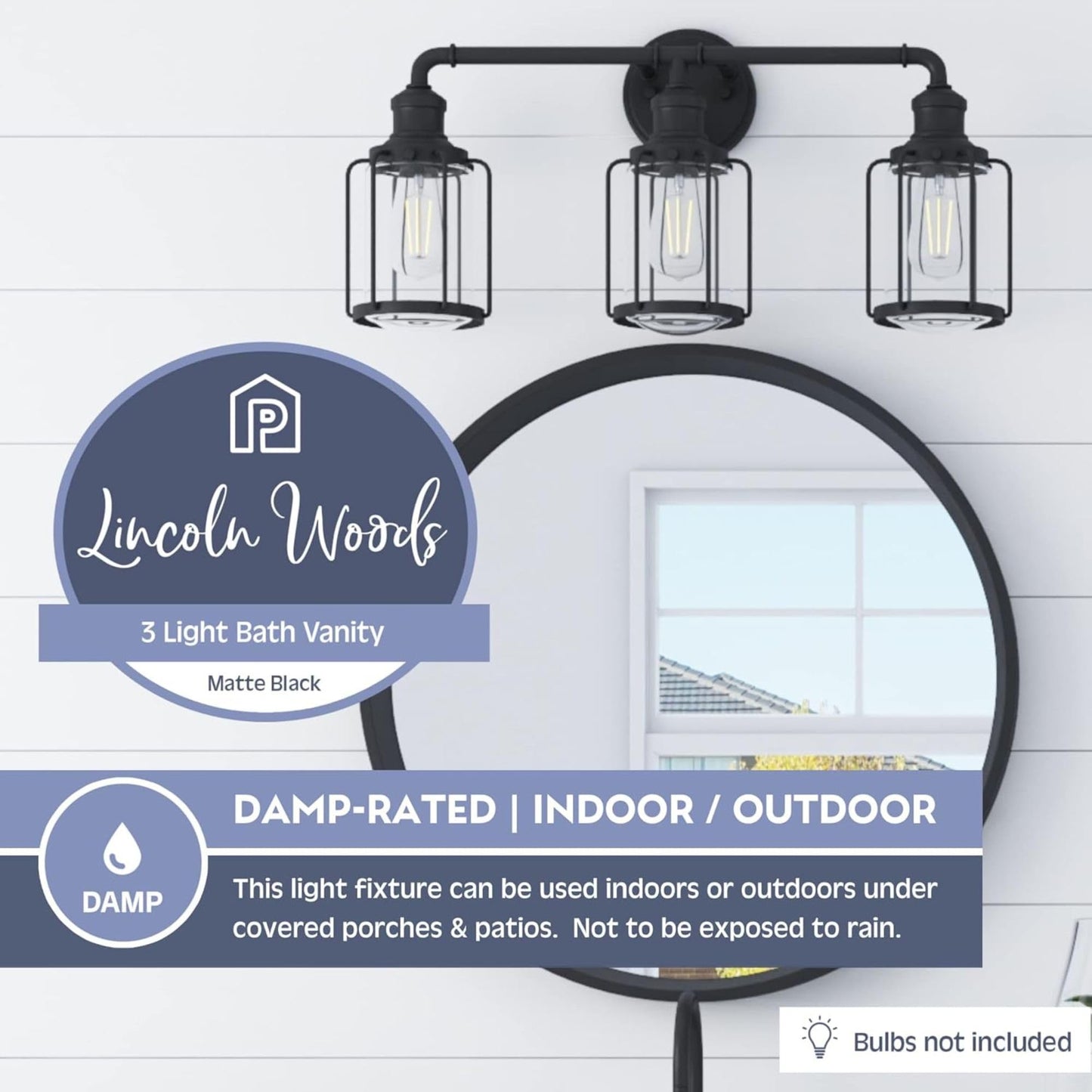Prominence Home Lincoln Woods 3 Light Matte Black Industrial Bathroom Vanity Light with Cage and Clear Glass - 51545-01