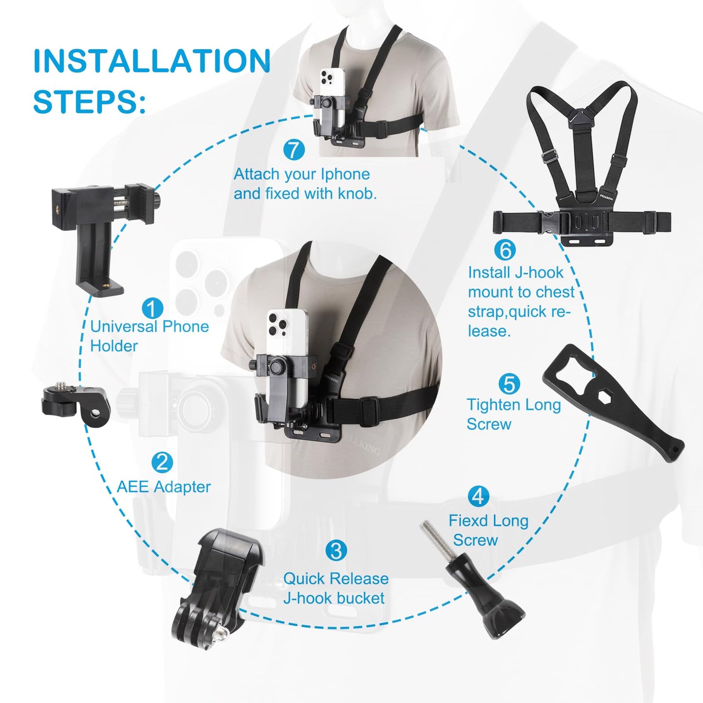 PellKing Mobile Phone Chest Mount Harness Strap Holder Cell Phone Clip Action Camera POV for Samsung iPhone Plus etc