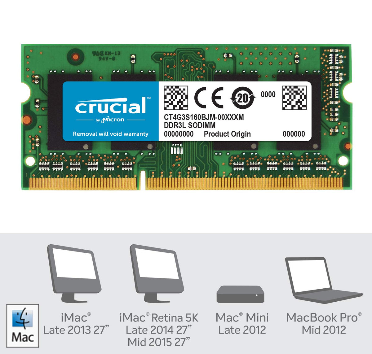 Crucial 4GB, 204-pin SODIMM, DDR3 PC3-12800,