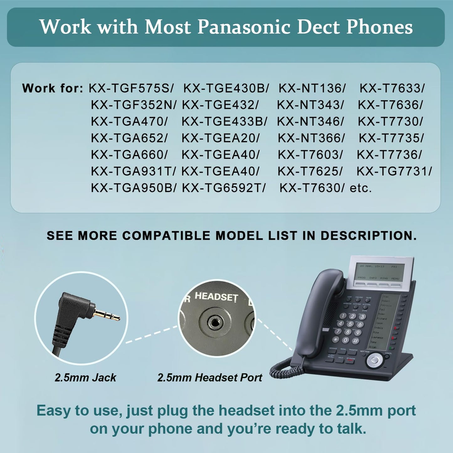 Phone Headset with Microphone Noise Cancelling & Volume Controls, 2.5mm Office Telephone Headphone for VTech Panasonic KX-TGE633M TGF352N Cisco
