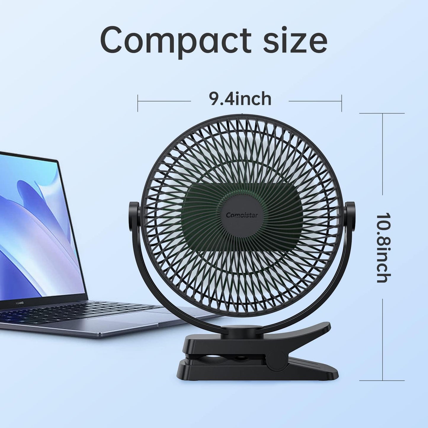 Comoistar 10000 mAh 8.5 Inch Clip-on Fan, Rechargeable Battery Operated Portable Fan with 4 Speeds, Quiet, USB Camping Fan with Hook, for Golf Cart