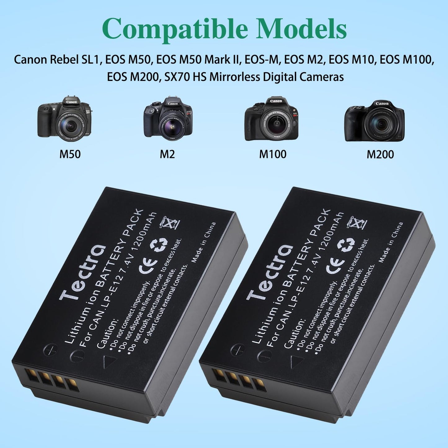 Tectra 2-Pack LP-E12 LPE12 Battery and LED Dual Charger for Canon EOS M50, M50 Mark II, EOS M, M2, M10, M100, M200, PowerShot SX70 HS, Rebel SL1