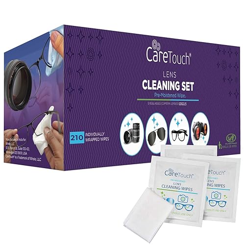 Care Touch Lens Wipes for Eyeglasses- 210 Count Individually Wrapped Pre- Moistened Wipes, 5 x 6 Inch- Camera Lens, Sunglasses and Glasses Cleaner