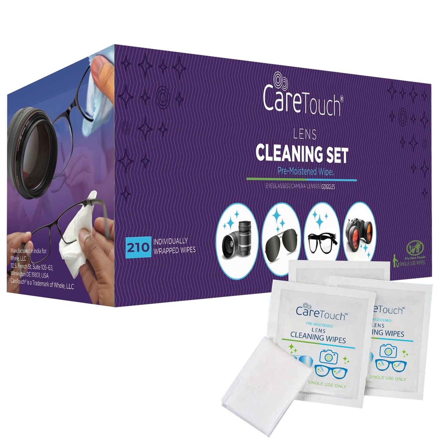 Care Touch Lens Wipes for Eyeglasses- 210 Count Individually Wrapped Pre- Moistened Wipes, 5 x 6 Inch- Camera Lens, Sunglasses and Glasses Cleaner