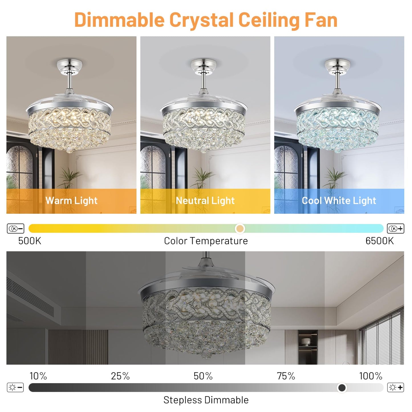 48 Inch Fandelier Ceiling Fan with Lights Crystal Fandaliers Ceiling Fan with Remote Dimmable 500-6500K Retractable Blades Fan Chandelier Fan
