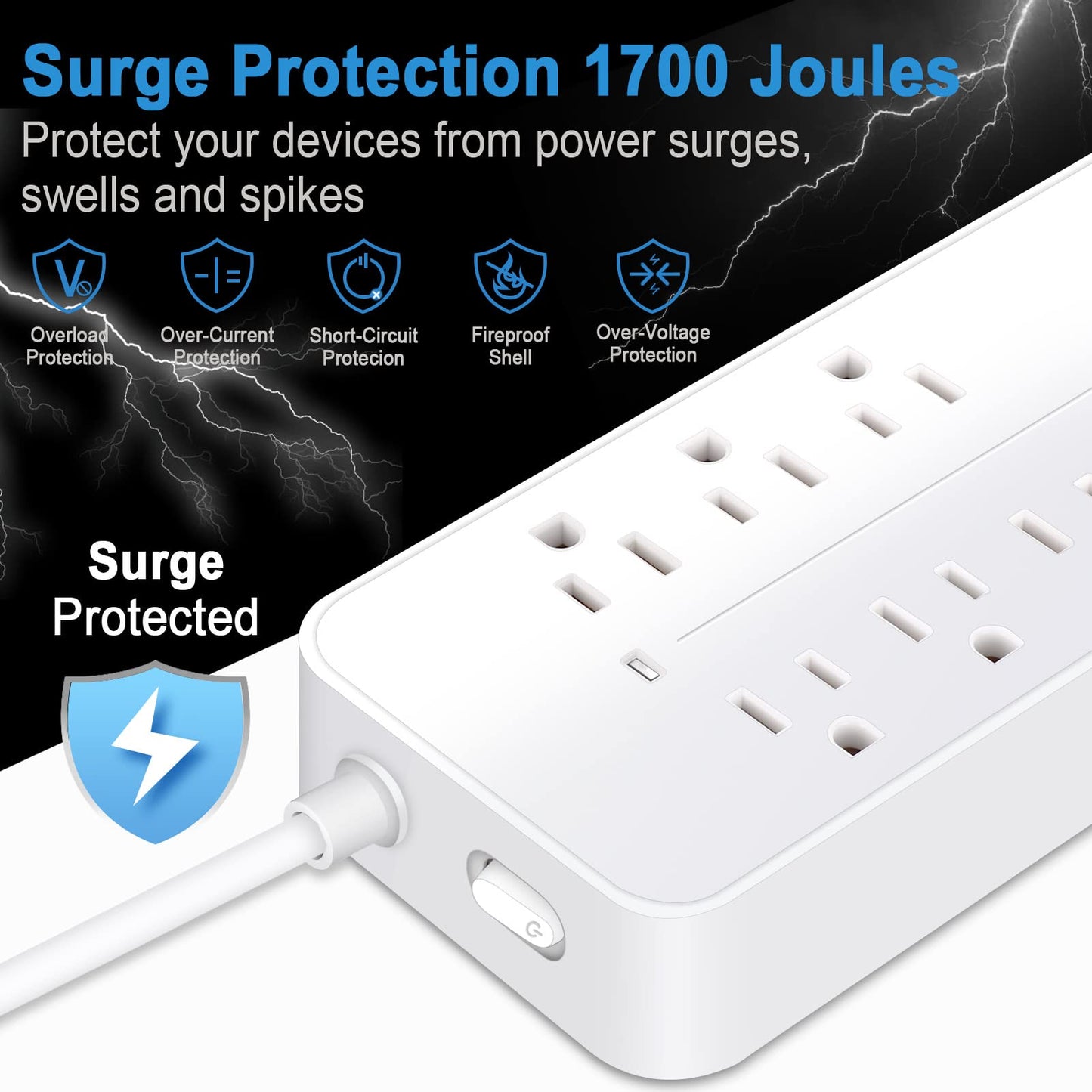 Surge Protector Power Strip, 4FT Extension Cord (2000W/10A) Flat Plug Power Strip with 8 Outlets 4 USB (1 USB C) Charging Ports, 1700 Joules Wall