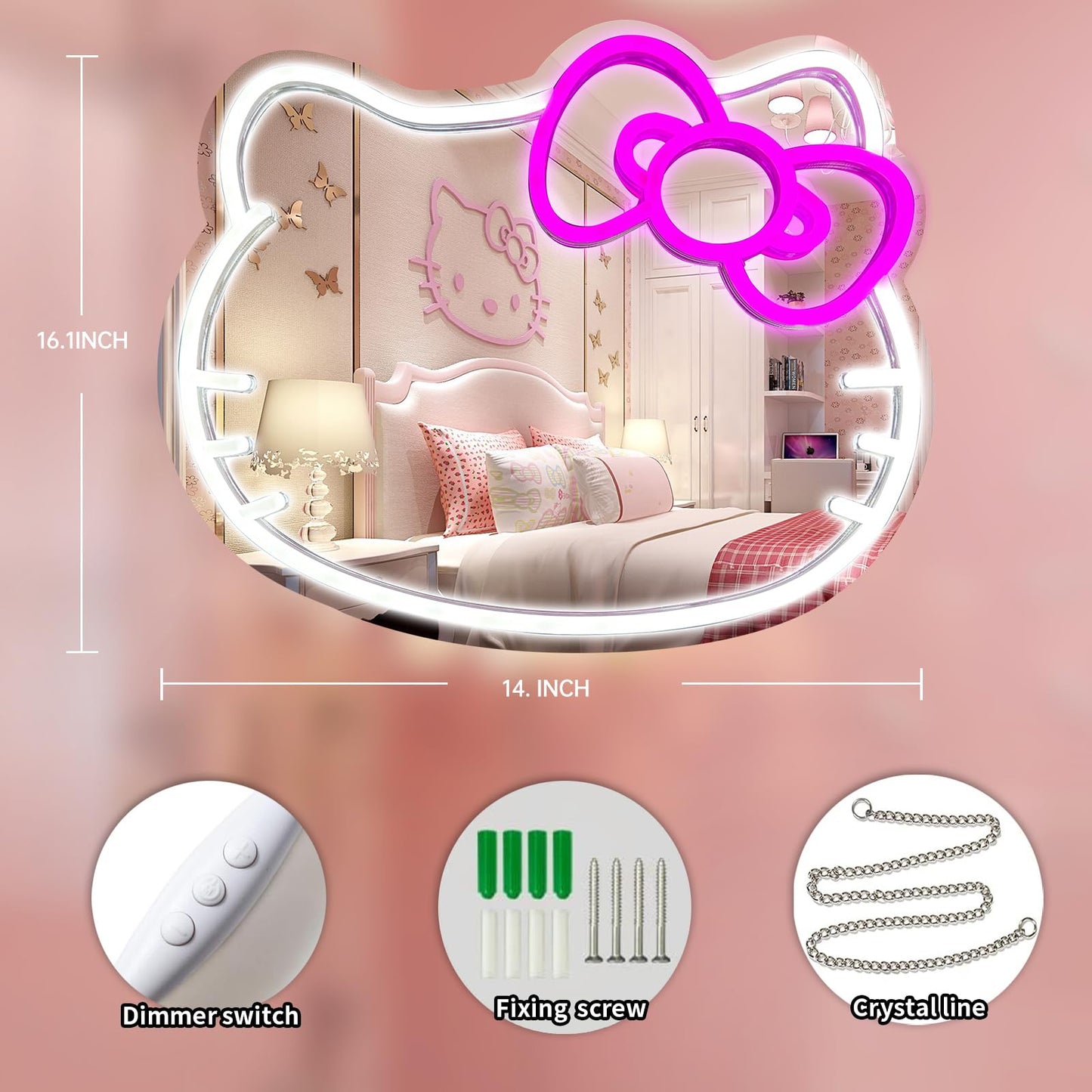 MCJSGSP Anime Hello Kit Mirror with Light Neon Signs for Wall Decor, Dimmable for Teen Girl Gift?Makeup Mirror neon Sign Room Decor (16.1 * 14 inch)