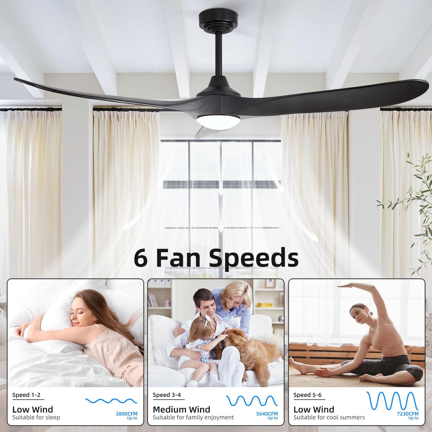 Homlit 60” Outdoor Ceiling Fan with Light 3 Downrods, Smart Wood Ceiling Fan Compatible with Alexa/Google/App, 3 Blades Modern Black Wood Ceiling Fans