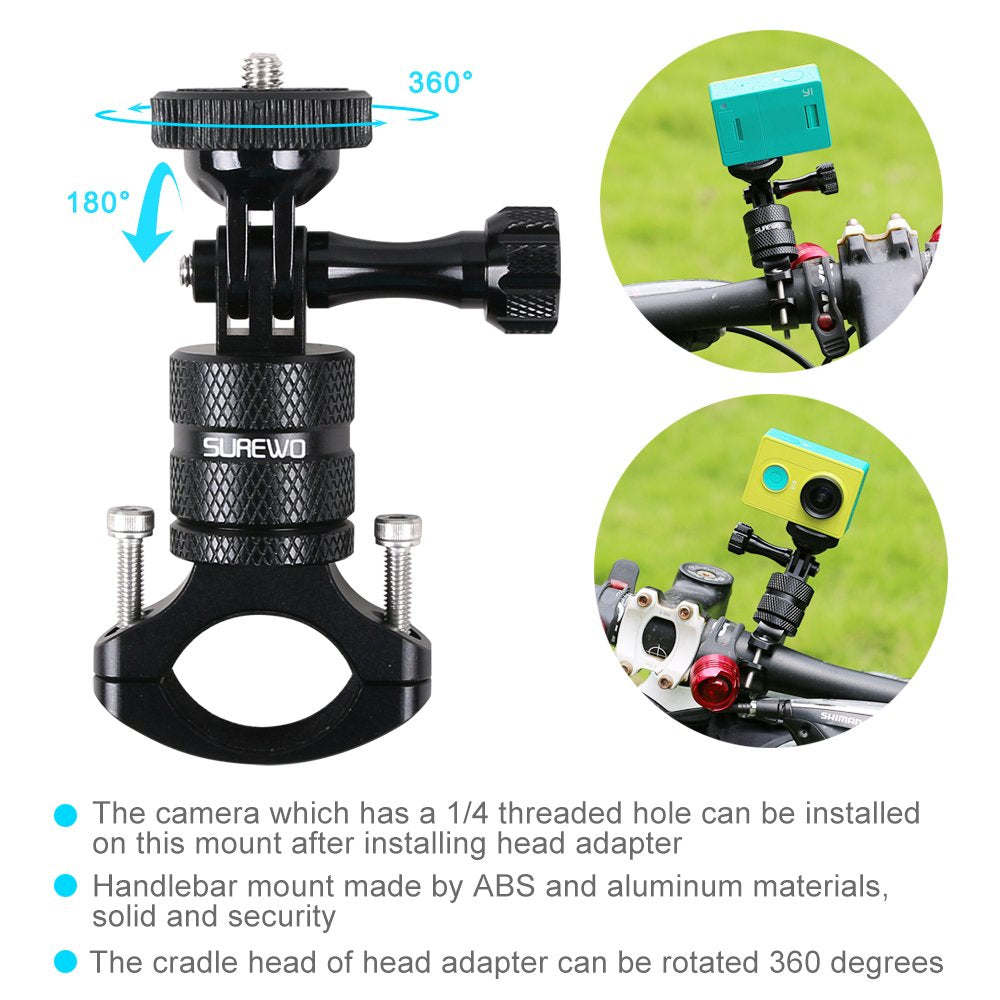 SUREWO Bike Mount for Action Cameras, Aluminum Handlebar Mount Compatible with GoPro Hero 13/12/11/10/9/8/7/6/5 Black, GoPro Max, DJI Osmo Action
