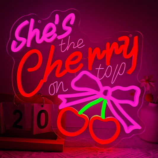 ShShe's The Cherry on Top Neon Sign Cherry Neon Light for Wall Decor Dimmable Pink Bow LED Sign for Bachelorette Party Bridal Shower Wedding Baby