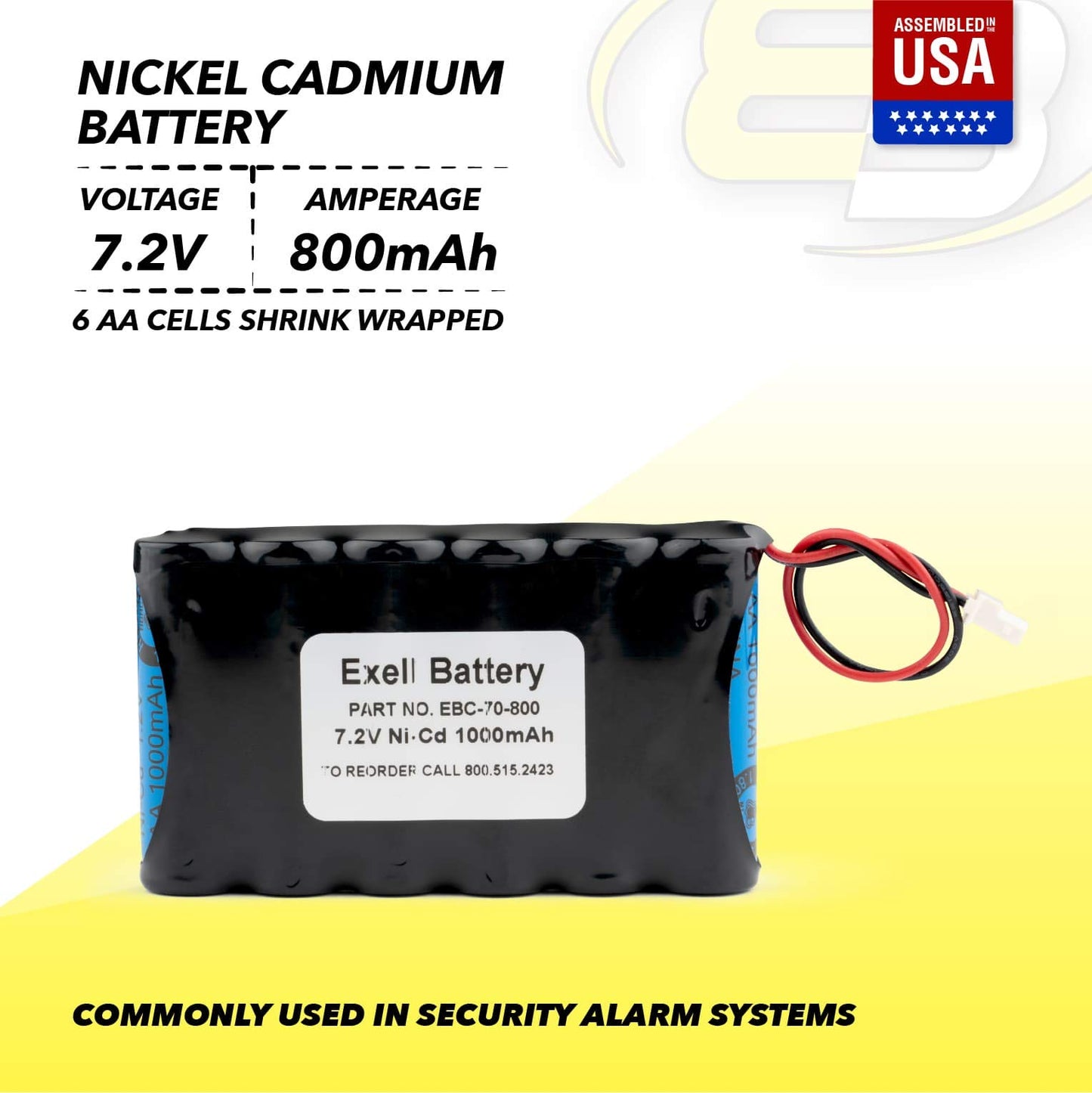 Exell Battery 7.2V 1000mAh NiCD Back-Up Battery for Security Alarm Systems Walynx-RCHBSC, RCHB-SC,C8-B33, MS104, EBC-70, EBC-70-800