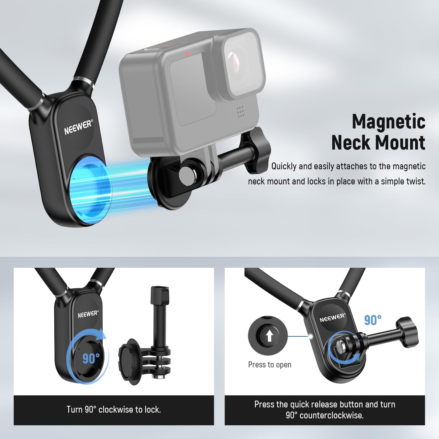 NEEWER Magnetic Neck Mount Compatible with GoPro Hero 13 12 11 MAX DJI Action 4 Insta360 iPhone 15 Pro Max Samsung S23, Quick Release Flexible POV