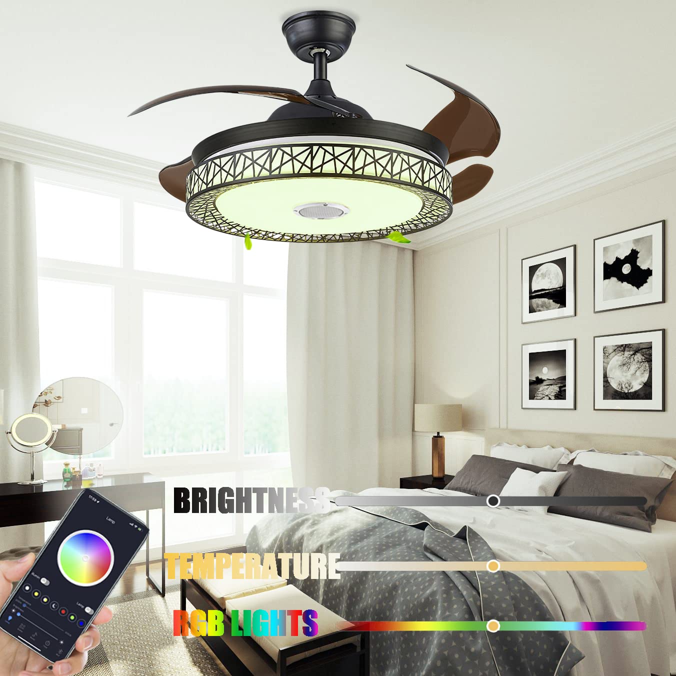 Fandian 42'' Modern Smart Bluetooth Ceiling Fan with Lights Remote Control Fandelier, Retractable Black Nest Ceiling Chandelier Fixtures 7 Dimmable