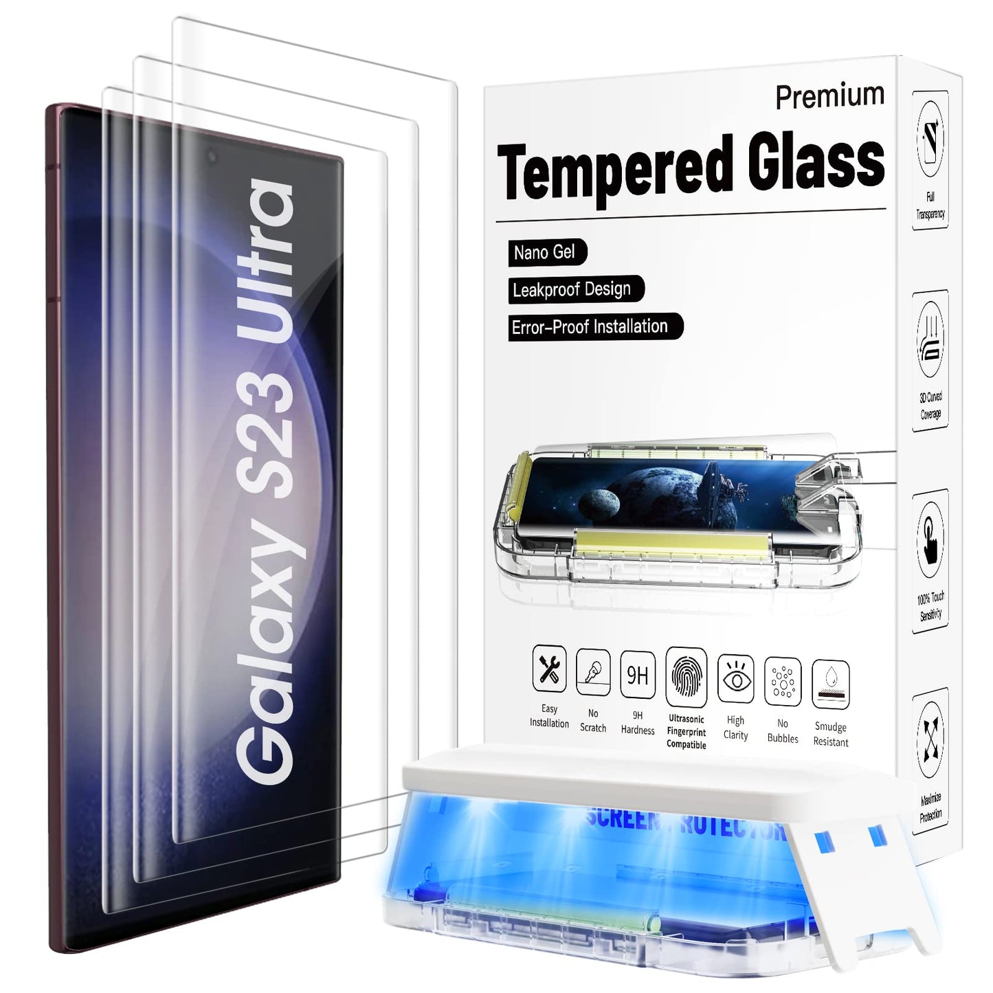 Ni-SHEN 3 Pack Galaxy S23 Ultra Screen Protector Tempered Glass 3D Curved Edge 100% Fingerprint Unlocking, Scratch & Impact Protection HD Clear