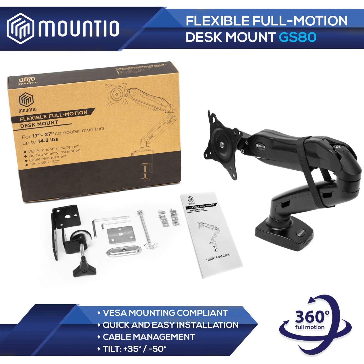 Mountio Full Motion LCD Monitor Arm - Gas Spring Desk Mount Stand for Screens up to 27"