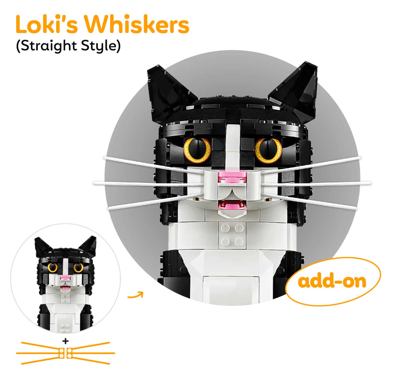 Loki's Whiskers for Lego Ideas 21349 Tuxedo Cat – 6-Pack Snap-In Whisker Accessory (3 Sets), Compatible with 21349, Cat Not Included