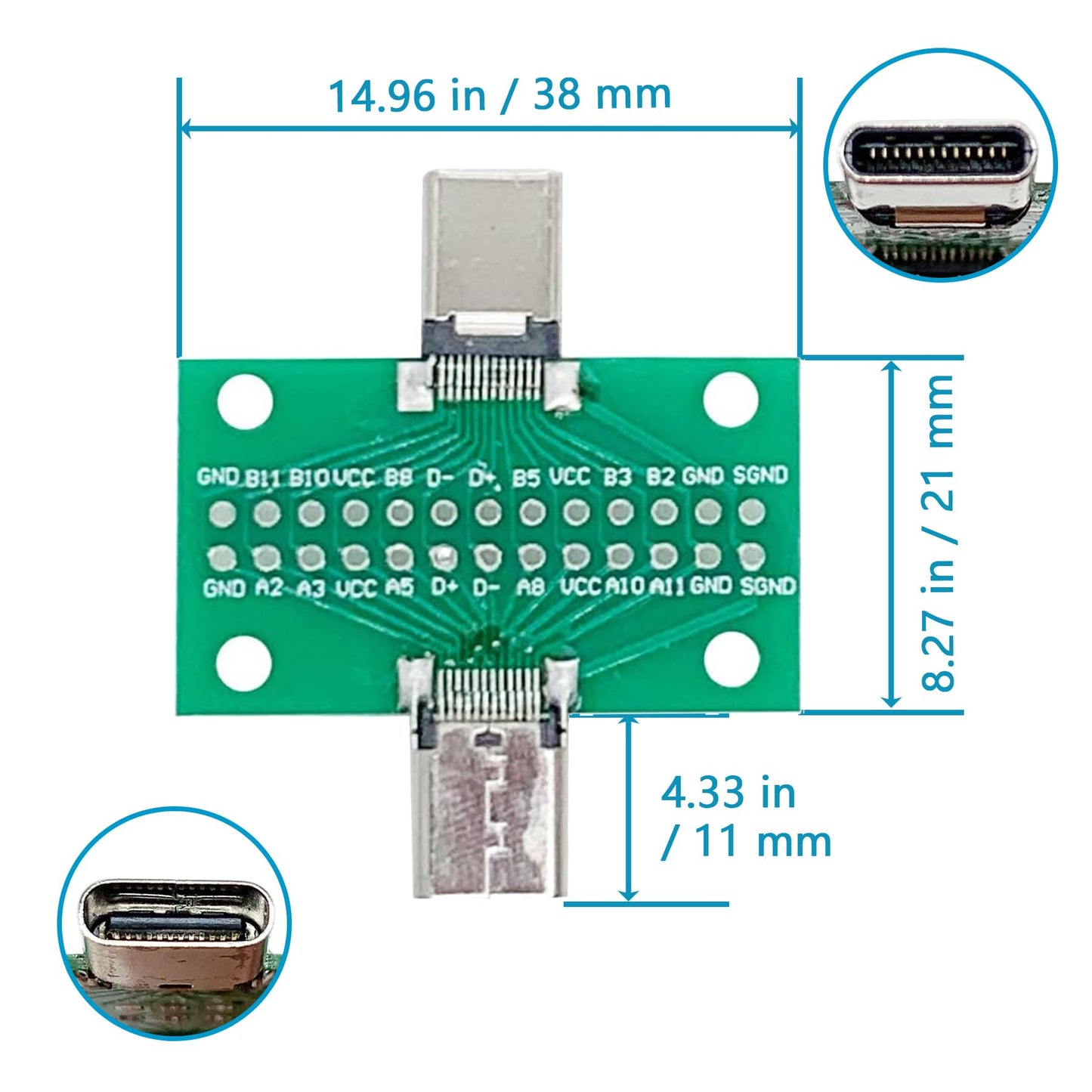 minidodoca 2 Pcs USB 3.1 Type-C Male to Female Test Board with PCB Board 24 Pins 2.54 mm Double-Sided Socket with Dupont Wire for Date Line Wire Cable