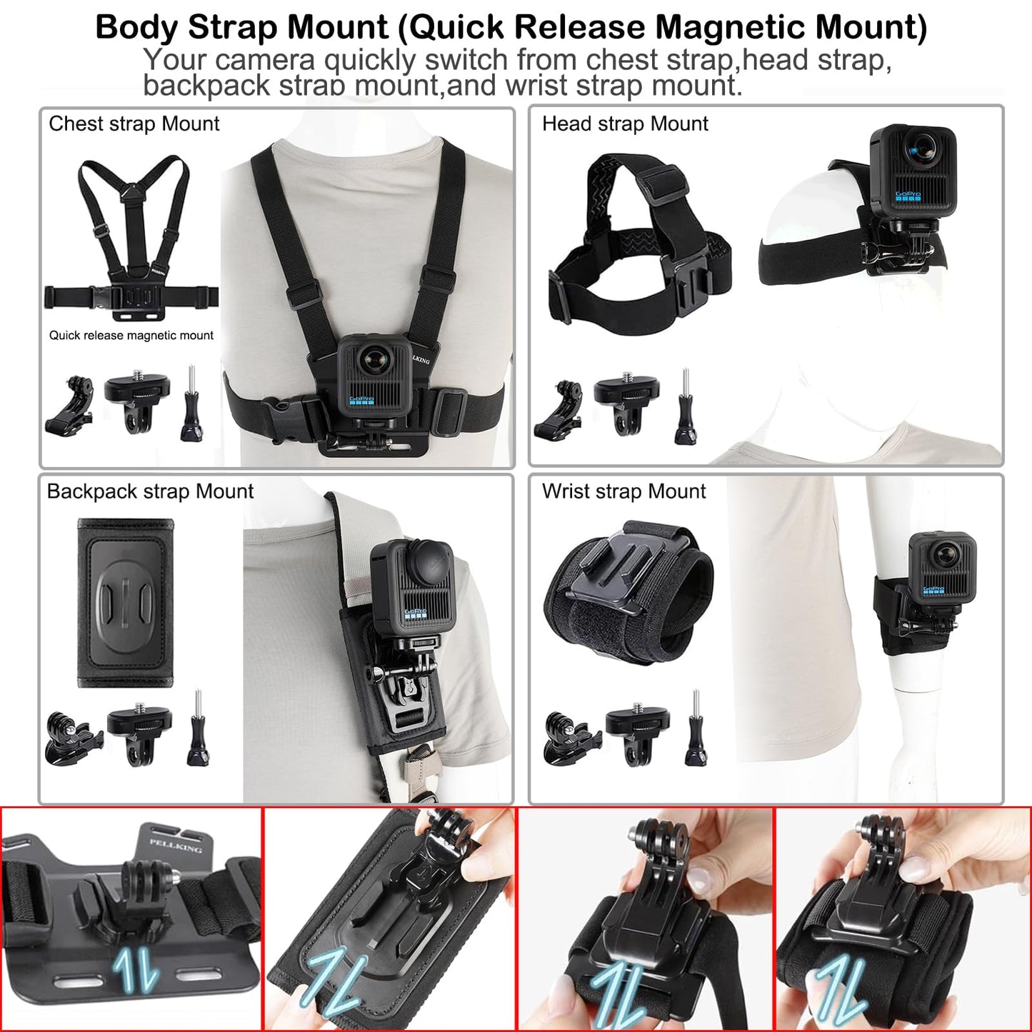 PellKing Accessories Kit for Gopro Max2,Included Carrying Case with Belt,135cm Selfie Stick Tripod,Handlebar Mount,Magnetic Mount,4 Pcs Body Strap