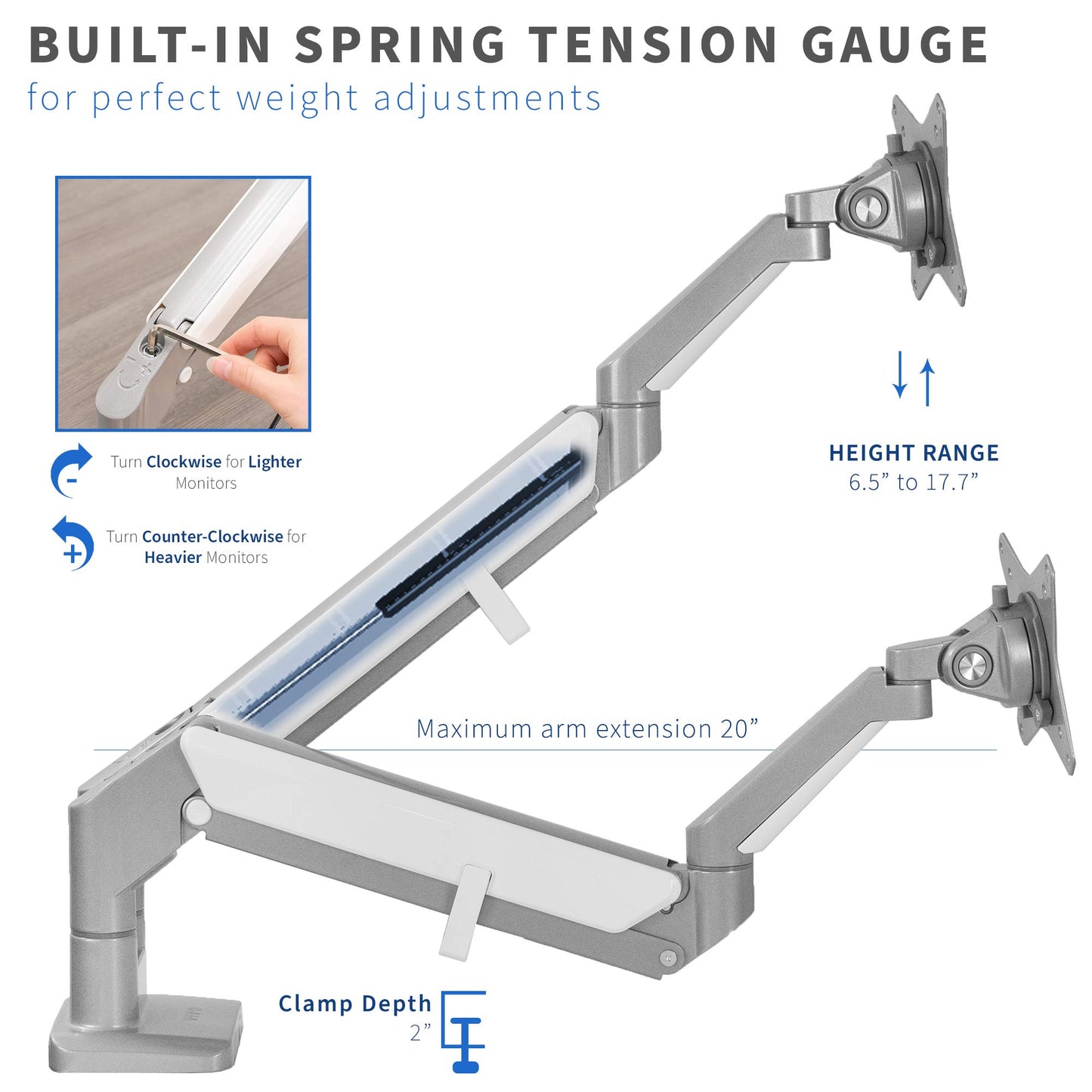 VIVO Space Saving Dual 17 to 32 inch Pneumatic Spring Arms, Aluminum Clamp-on Desk Mount Stand, Fits 2 Monitor Screens with Max VESA 100x100, Silver