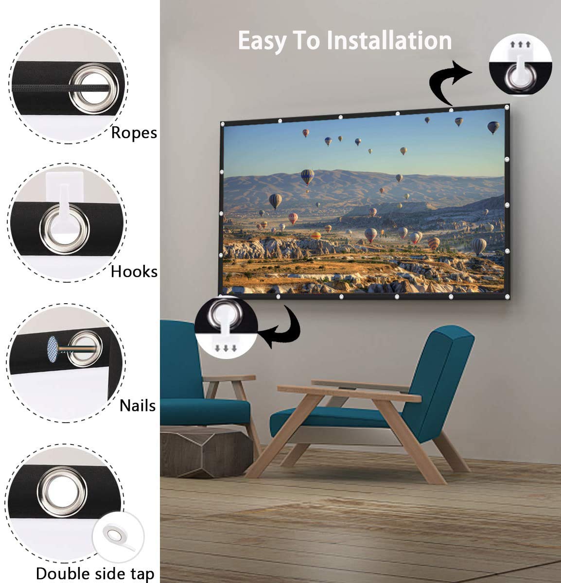 ASHATA Projector Screen 16:9 HD 4K Portable Foldable Projection Screen with Black Edging and Hanging Holes for Home Theater Cinema Indoor Outdoor