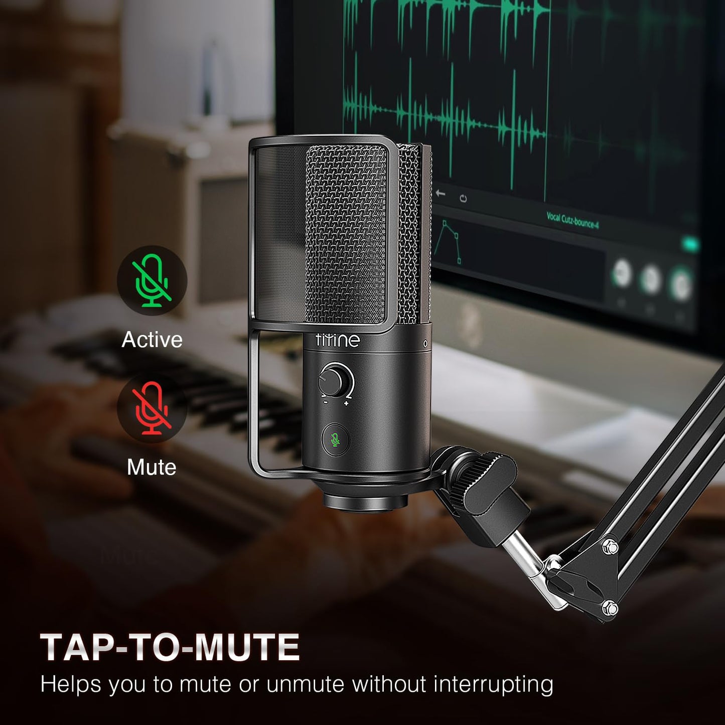 FIFINE USB Podcast Microphone, PC Computer Condenser Microphone Plug & Play Mic Kit with Boom Arm Stand, 16MM Large Diaphragm, Mute Button for