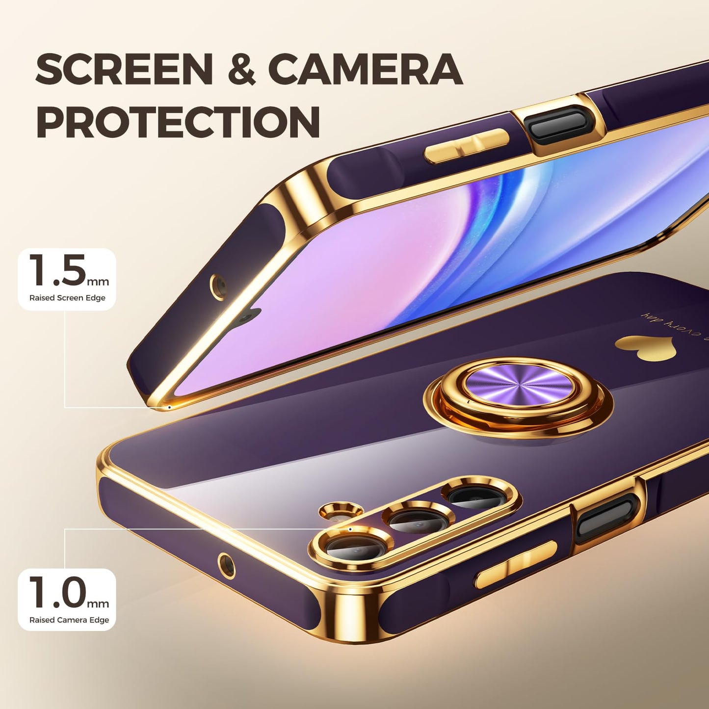 Nonional for Samsung Galaxy A15 5G Case with 2 Pack Screen Protector, 360° Rotatable Ring Holder [Luxury Hearts Pattern] Plating Gold Edge Slim Soft