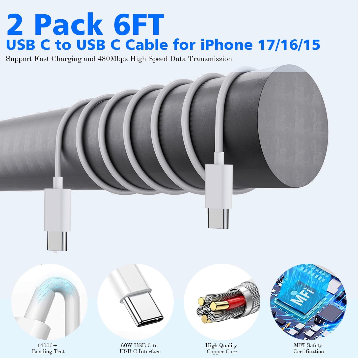 iPhone Charger Fast Charging,[Apple MFi Certified] 45W Dual Quick Apple Charger 2Pack 6FT Type C Block USB C to C Cable for iPhone 17E/17