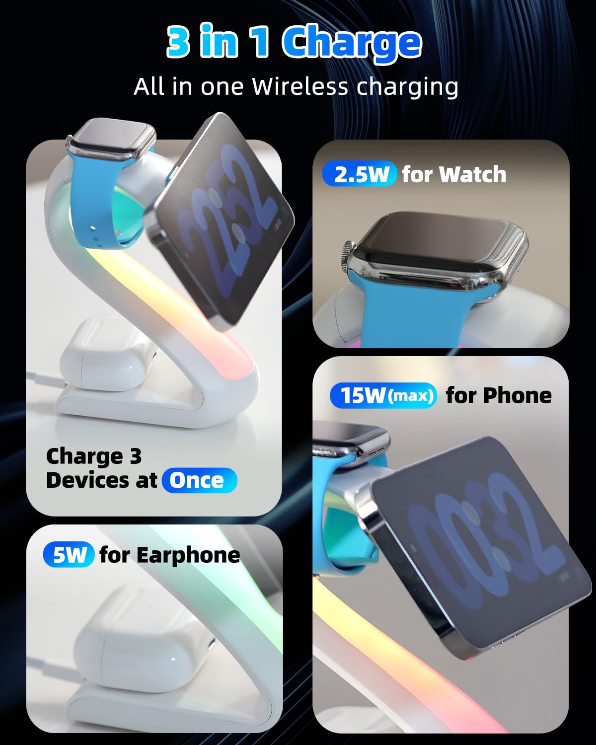 4-in-1 Magnetic Wireless Charging Station for Apple iPhone 17 16 15 14 13 12 Pro Max & Watch | 15W Fast MagSafe Charger Stand with Night Light |