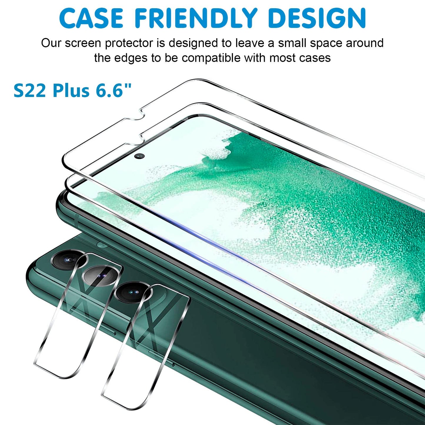 Arshek [3+3 Pack] Glass Screen Protector for Samsung Galaxy S22 Plus 5G, 9H Tempered Glass, Ultrasonic Fingerprint Compatible,HD Clear Case Friendly