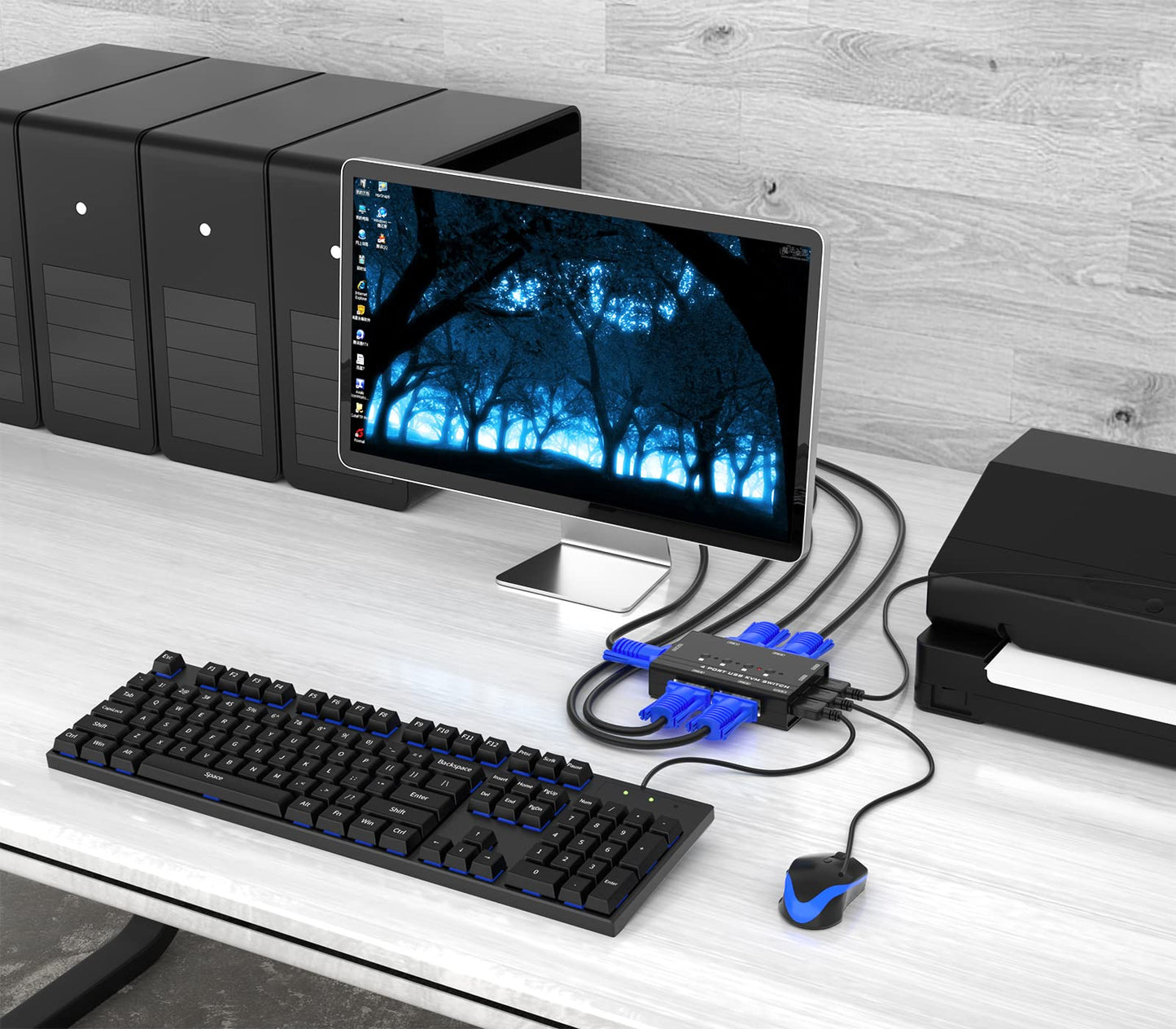 VGA KVM Switch, Yinker 4 Port USB VGA KVM Switch w/4 KVM Cables & 3 USB Hubs for 4 Computers Share One Monitor Keyboard Mouse