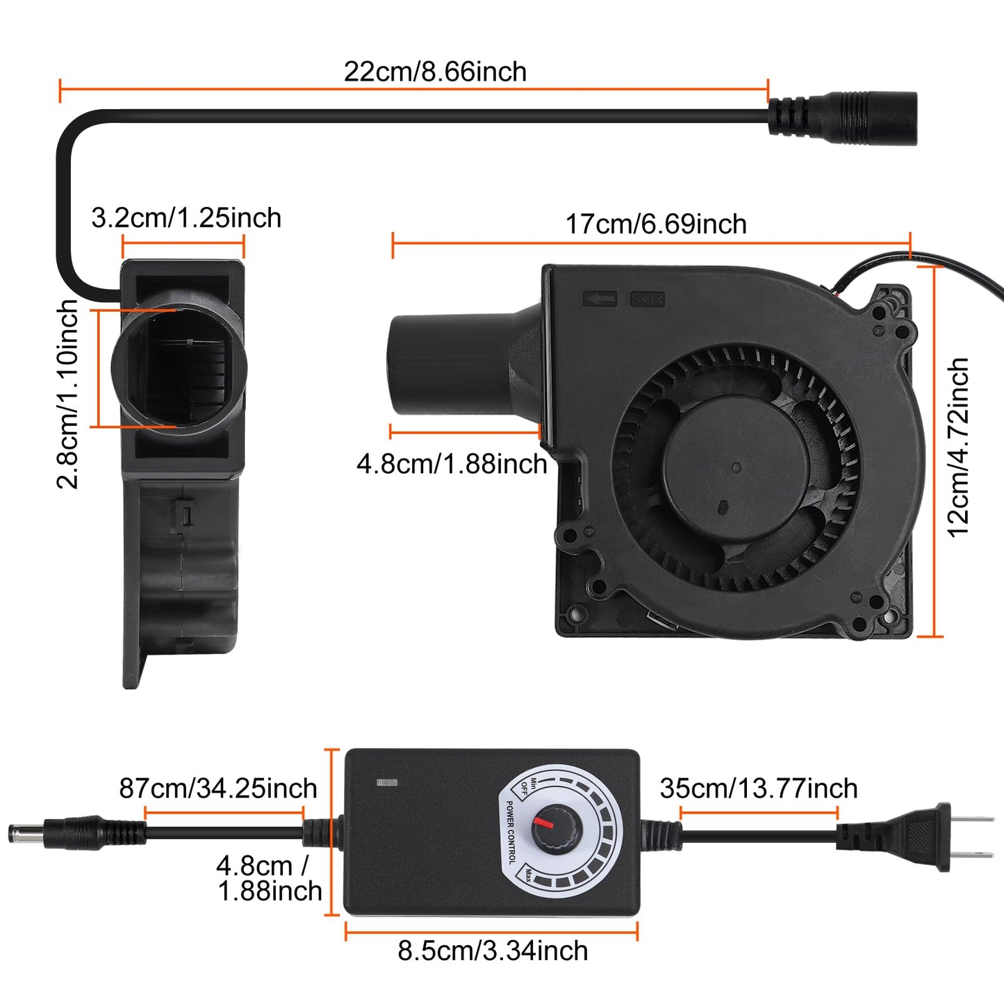 2Set 120mm BBQ Fan 12V Blower Brushless with 110V/120V Variable Speed Controller Fan 4.72in Air Mover Cooling for Camping Quick Charcoal