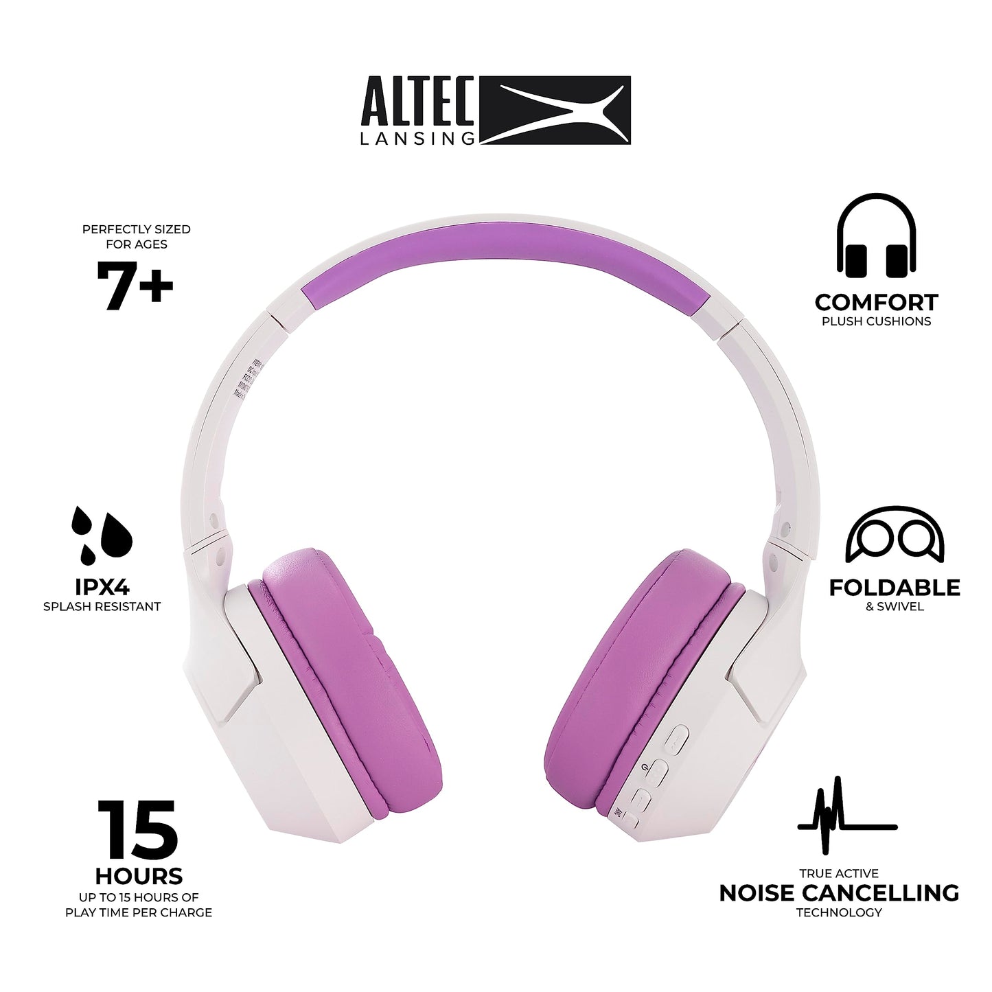 Altec Lansing Kid Safe Noise Cancelling Wireless Headphones 15H Battery, 85dB Volume Limit, Foldable Design Powerful Sound, Active Noise Cancellation
