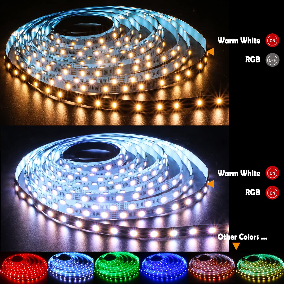 Tesfish 24V LED Strip Lights, 4 in 1 RGBWW RGB + Warm White 3000K 16.4ft Mixed Color Rope Light Strip SMD 5050 IP20 300 LEDs for Bedroom, Kitchen