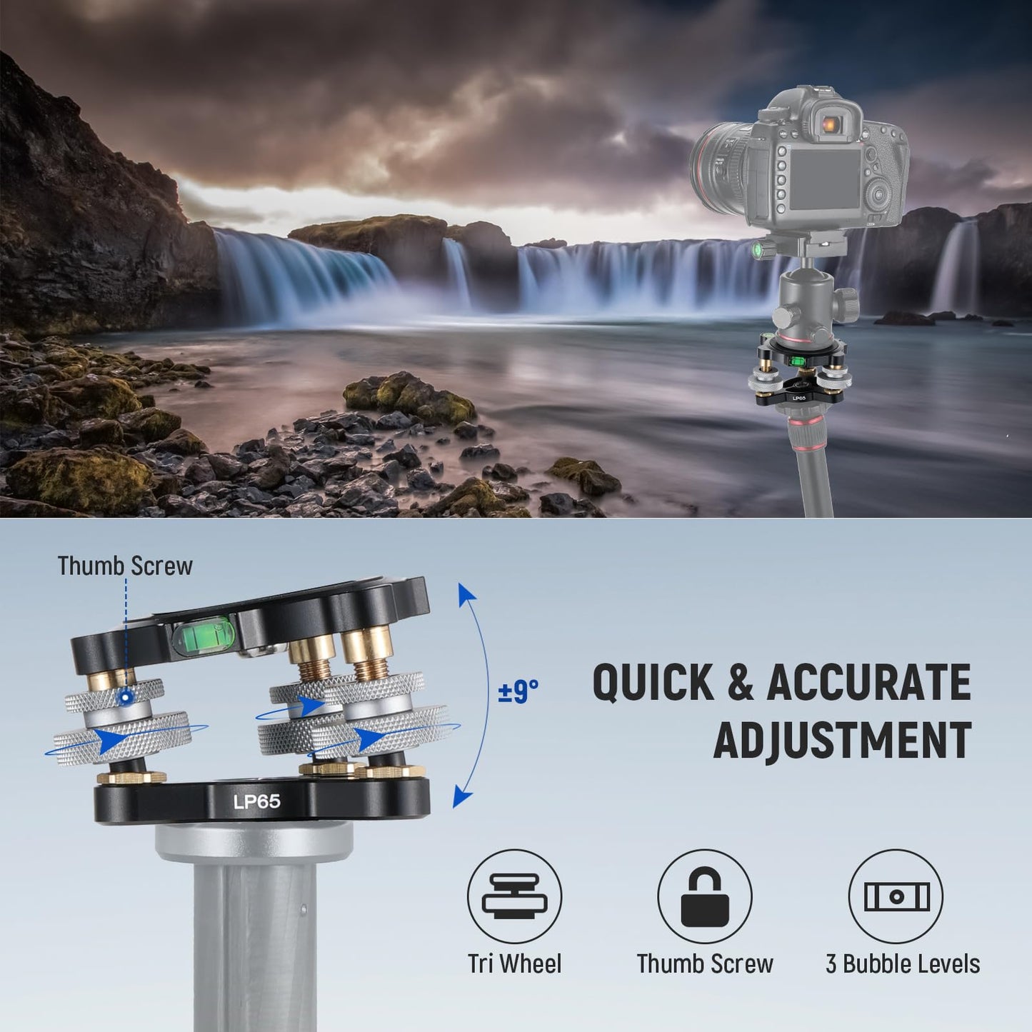NEEWER Tripod Head Leveling Base Camera Leveler, 3 Axis Wheel Metal Head with Bubble Levels, 3/8" Screw & Thread, +/-9° Precise Angle Adjustment
