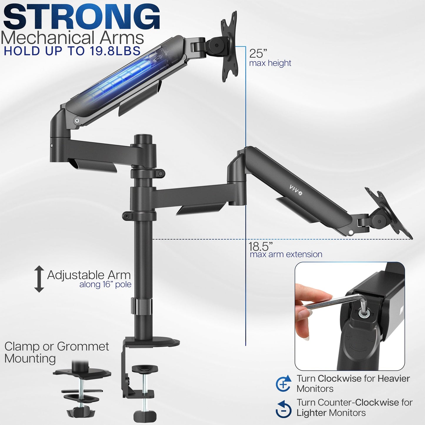 VIVO 17 to 32 inch Dual Mechanical Monitor Mount, 2 Tension Spring Arms, Adjustable Swivel, Rotation, Heavy Duty VESA Desk Stand with C-clamp