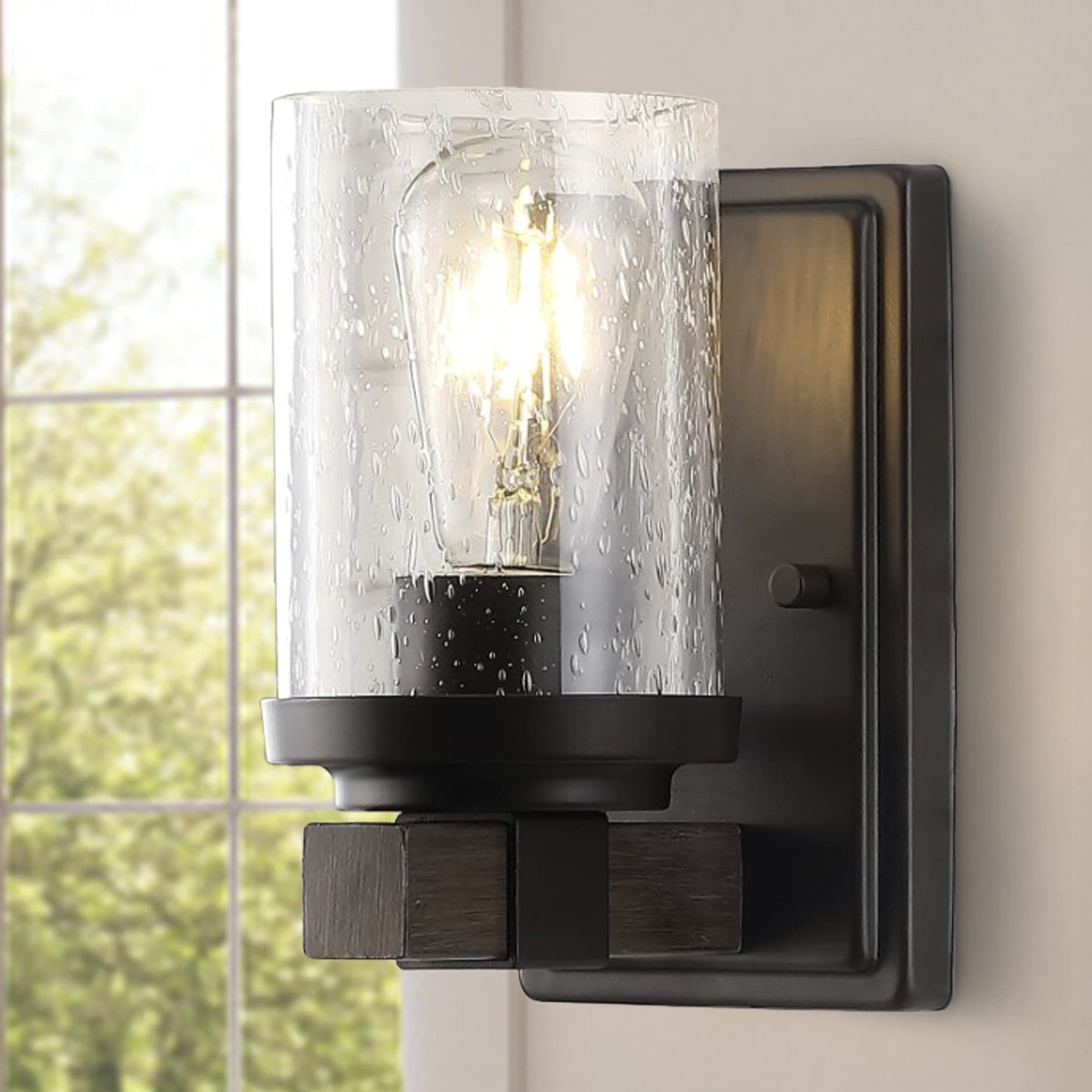 JONATHAN Y 4.5" Oil Rubbed Bronze LED Vanity Light, Rustic Farmhouse Sconce, Clear Seeded Glass Shade, Industrial Wall Lamp for Bathroom Mirror