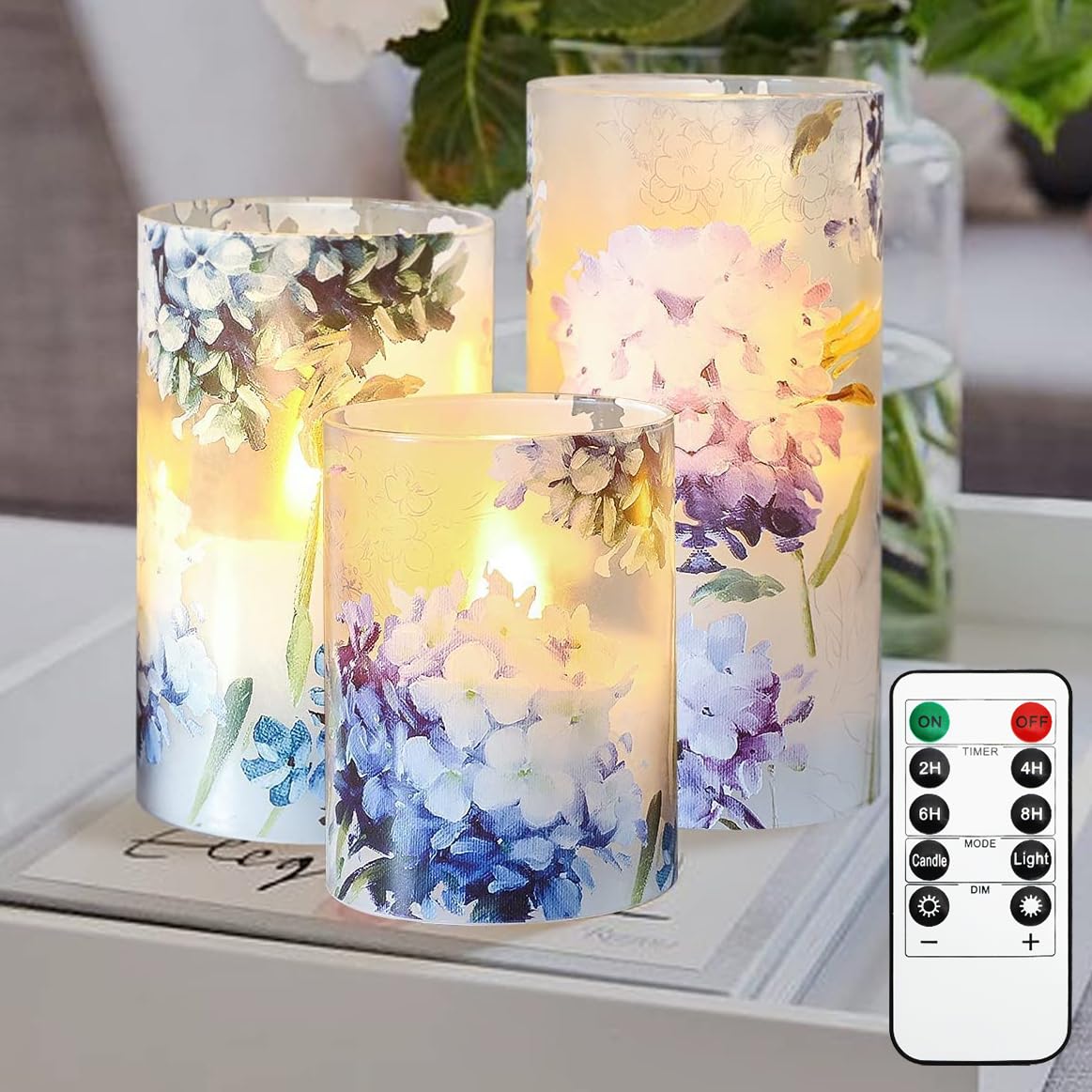 REVELBUNNY Blue Hydrangea Flameless Candles, Decorative LED Candles Flickering with Remote Timer, Battery Operated Real Wax Candles for Birthday Party