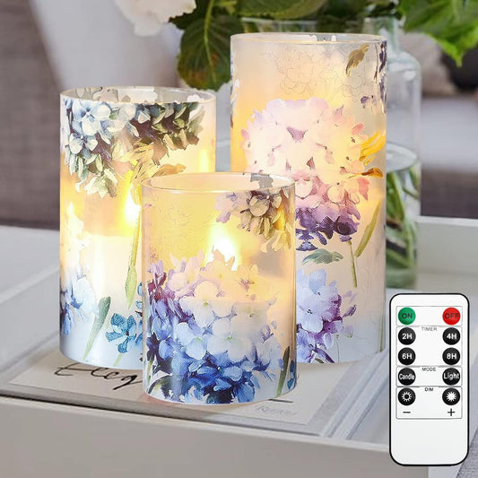 REVELBUNNY Blue Hydrangea Flameless Candles, Decorative LED Candles Flickering with Remote Timer, Battery Operated Real Wax Candles for Birthday Party