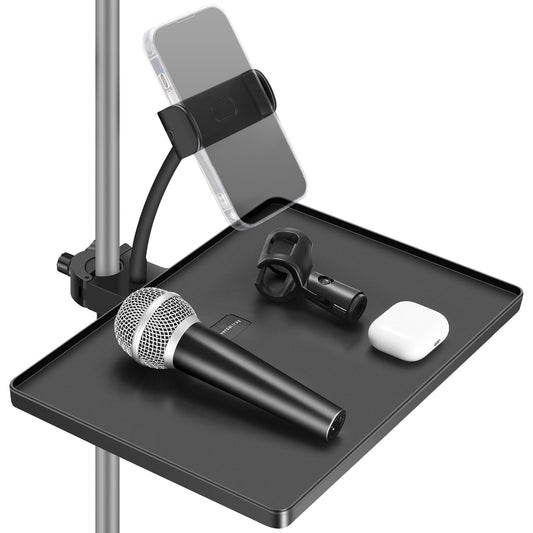 InnoGear Microphone Stand Tray, Mic Stand Tray with Phone Holder Adjustable Clamp On 10.6" × 8.1" Shelf for Boom Stand Tripod Music Stand Accessories