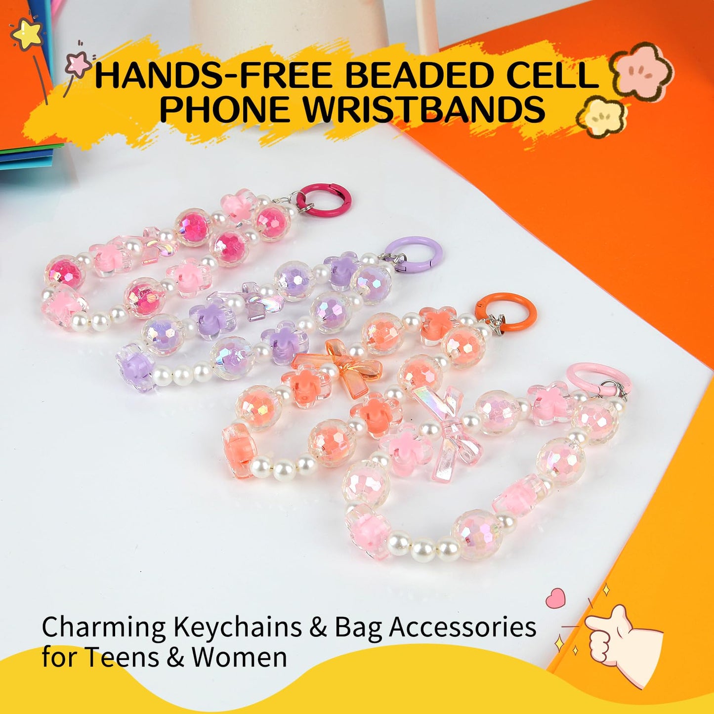 Likthesto Hands-Free Beaded Wrist Strap for Phone, Phone Charm Bracelet, Smartphone Lanyard with Bow, Detachable Cellphone Accessories (Orange)