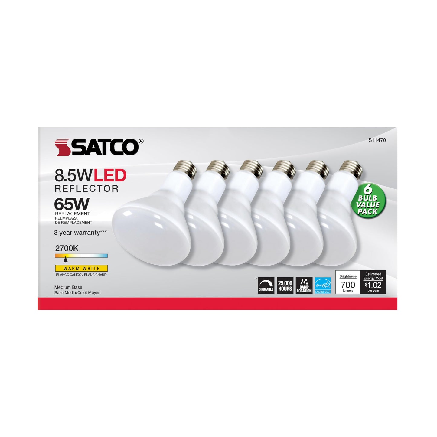 Satco S11470 LED BR30 Reflector Lamps, 65W Replacement, White, 8.5 Watts, 6 Pack