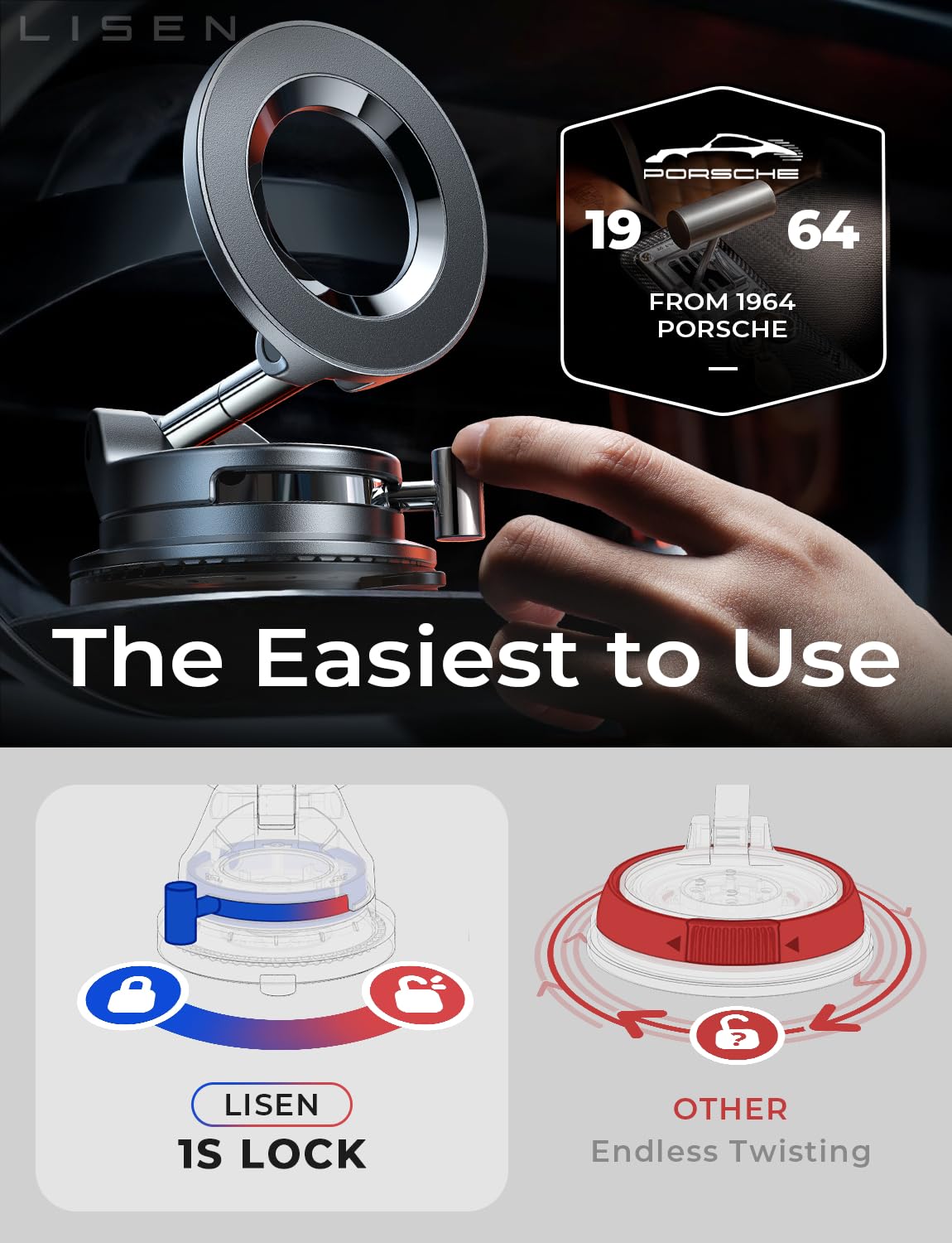 LISEN for Magsafe Car Mount, Magnetic Phone Holders for Your Car Vacuum, Phone Mount for Car Accessories for Women Men Jeep BMW, Suction Phone Holder