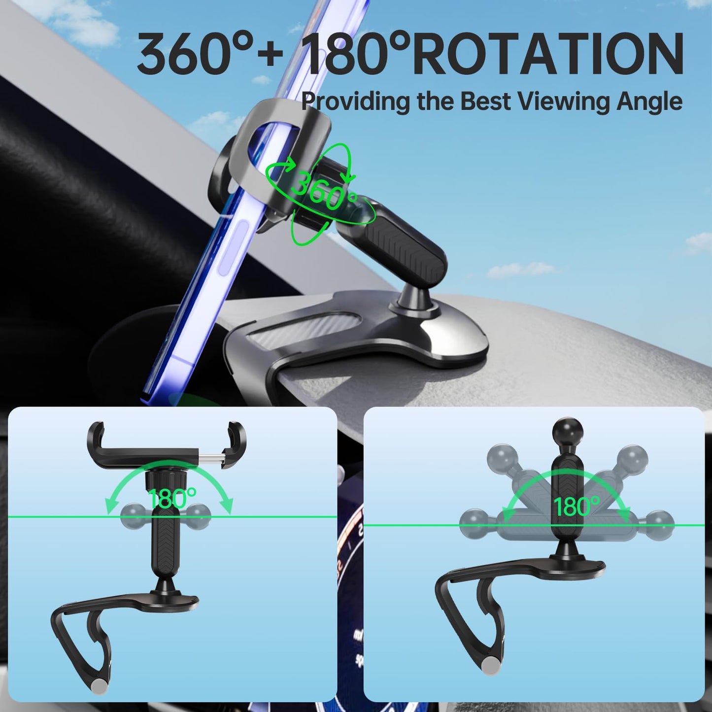 CHDFKKD Phone Mount for Car Dashboard, 360 Degree Rotation Universal Cell Phone Holder for Car Clip Mount Stand Suitable for 4 to 7" Smartphones