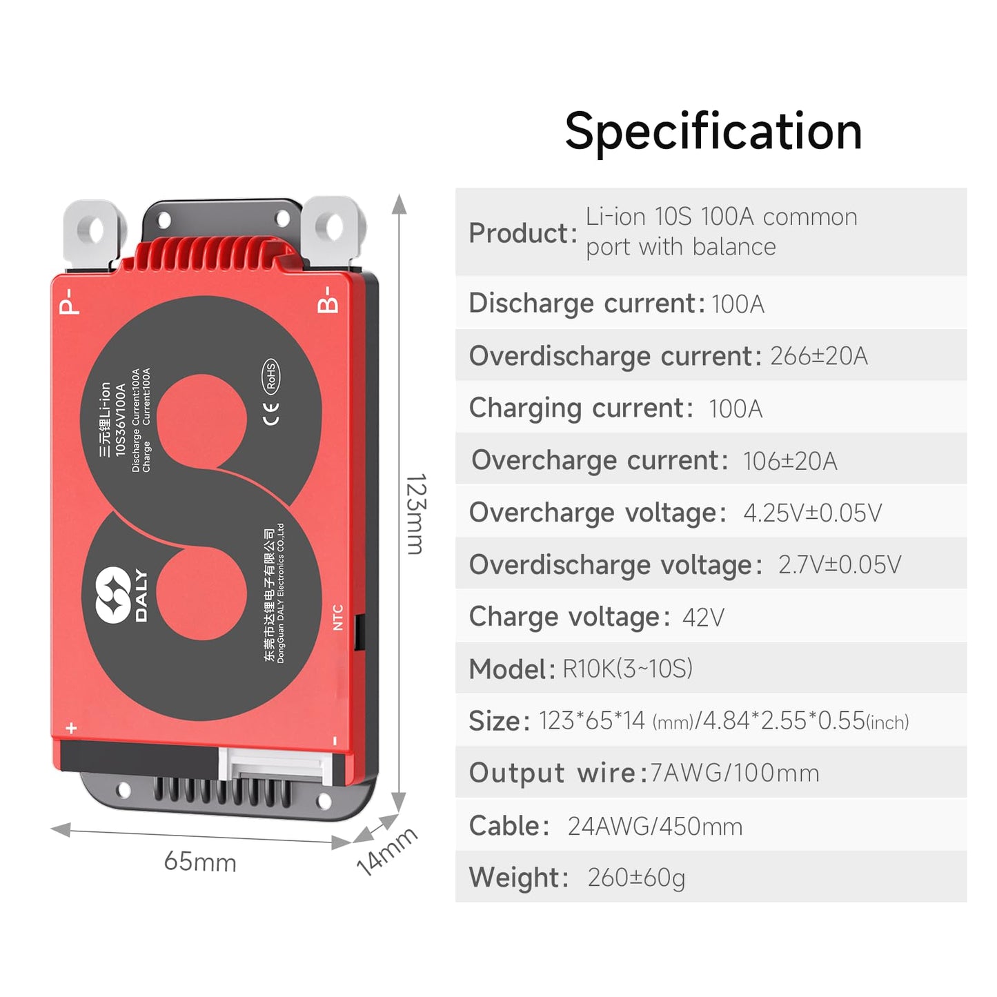DALY BMS 10S 36V 100A Li-ion Battery Protection Module PCB Protection Board with Balance Leads Wires BMS for 18650 Battery Pack 36V(Standard BMS,100A)