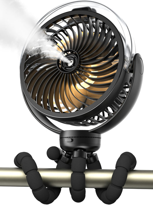 Wavmill Misting Stroller Fan, 6000mAh Battery Operated Portable Fan with Light & 360° Pivoting, Personal Fans with Flexible Tripod for Baby, Office