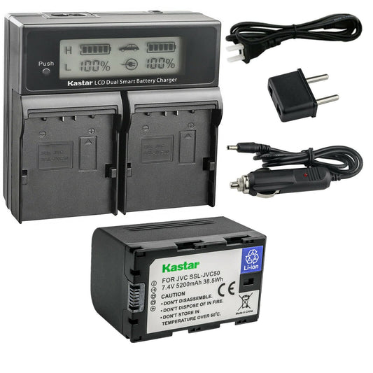 Kastar 1-Pack SSL-JVC50 Battery and CH04 LCD Dual Fast Charger Compatible with JVC GY-HM250 GY-HM250SP, GY-HM600, GY-HM600E, GY-HM600EC, GY-HM620U